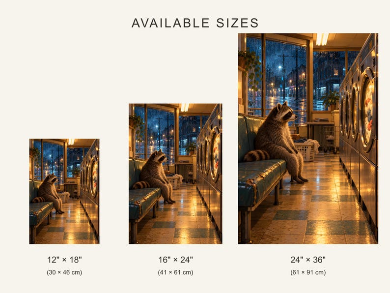 Raccoon Laundromat Art Print | Rainy Night Laundry Room Decor image 4