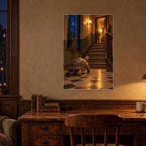 Op de afbeelding: Een ingelijste muurkunstprint met een schildpad die over een betegelde vloer naar een trap loopt in een zwak verlicht interieur. De sc&egrave;ne bevat warme sfeerverlichting en een raam met uitzicht op een nachtelijk stadsgezicht.