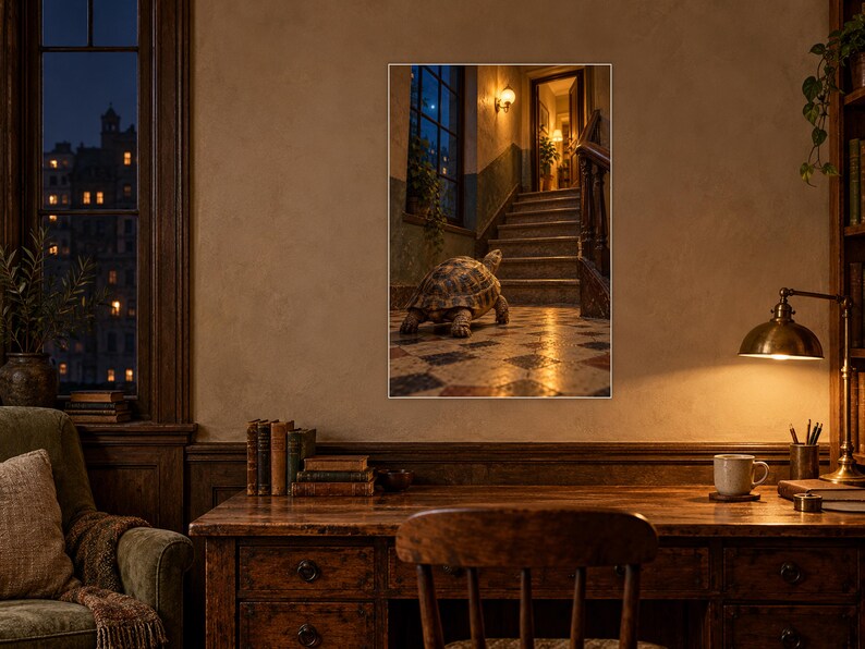 Op de afbeelding: Een ingelijste muurkunstprint met een schildpad die over een betegelde vloer naar een trap loopt in een zwak verlicht interieur. De sc&egrave;ne bevat warme sfeerverlichting en een raam met uitzicht op een nachtelijk stadsgezicht.