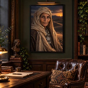 Framed Desert Nomad Woman Portrait Print | Bohemian Tribal Wall Art | Cinematic Character Poster image 1