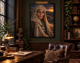 Framed Desert Nomad Woman Portrait Print | Bohemian Tribal Wall Art | Cinematic Character Poster