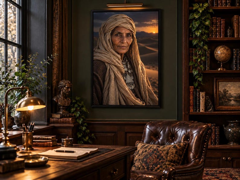 Framed Desert Nomad Woman Portrait Print | Bohemian Tribal Wall Art | Cinematic Character Poster image 1