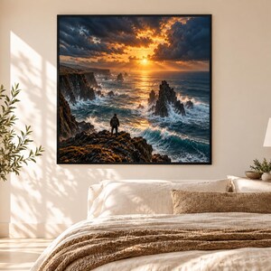 Framed Volcanic Coast Sunset Print | Dramatic Ocean Seascape Poster | Epic Wanderlust Wall Art image 1