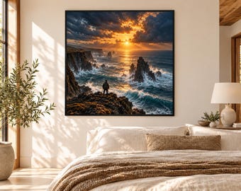 Framed Volcanic Coast Sunset Print | Dramatic Ocean Seascape Poster | Epic Wanderlust Wall Art