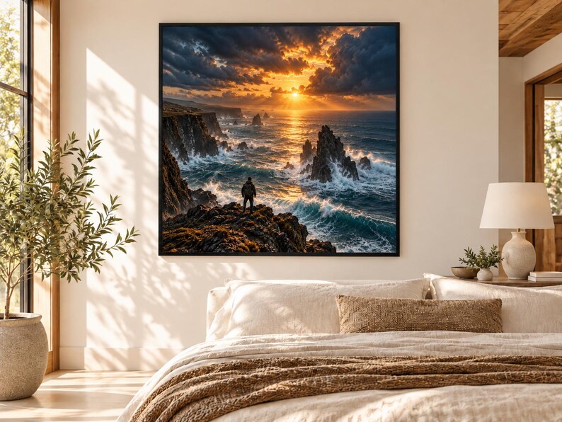 Framed Volcanic Coast Sunset Print | Dramatic Ocean Seascape Poster | Epic Wanderlust Wall Art image 1