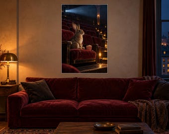 Rabbit Cinema Art Print | Cozy Movie Room Night Wall Decor