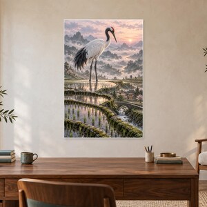 Red Crowned Crane Art Print | Rice Terrace Fantasy Wall Decor image 2
