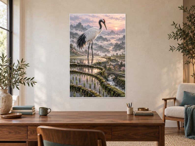 Red Crowned Crane Art Print | Rice Terrace Fantasy Wall Decor image 2