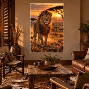 Puede incluir: Una impresi&oacute;n de arte mural rectangular que muestra a un le&oacute;n majestuoso de pie en una vasta sabana durante una puesta de sol dorada. El le&oacute;n tiene una melena espesa y oscura, rodeado de &aacute;rboles de acacia y hierba seca en el paisaje.