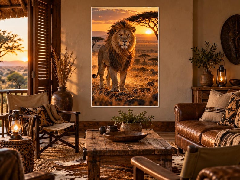 Puede incluir: Una impresi&oacute;n de arte mural rectangular que muestra a un le&oacute;n majestuoso de pie en una vasta sabana durante una puesta de sol dorada. El le&oacute;n tiene una melena espesa y oscura, rodeado de &aacute;rboles de acacia y hierba seca en el paisaje.
