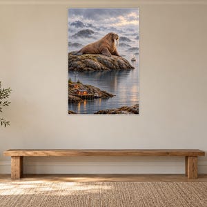 以下が含まれることがあります： 穏やかな湾の岩だらけの島で休む茶色のセイウチを描いた長方形のウォールアートプリント。岸辺には窓が光る小さな小屋、遠くにはボート、曇り空の下には霧のかかった山々が描かれています。