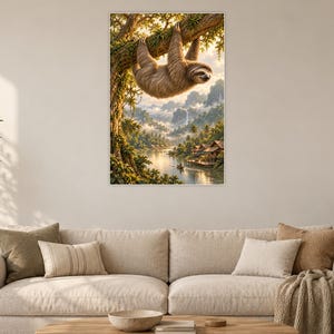 Sloth Art Print | Tropical River Village Fantasy Wall Decor image 2
