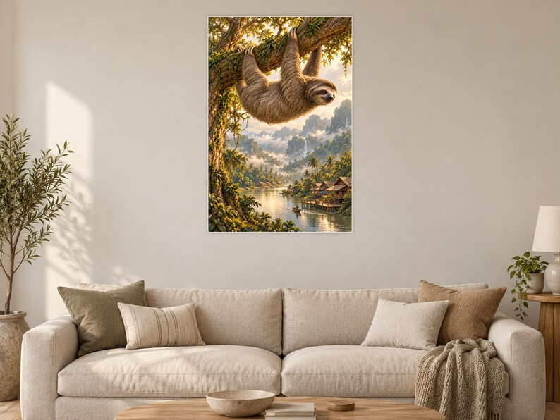 Sloth Art Print | Tropical River Village Fantasy Wall Decor image 2