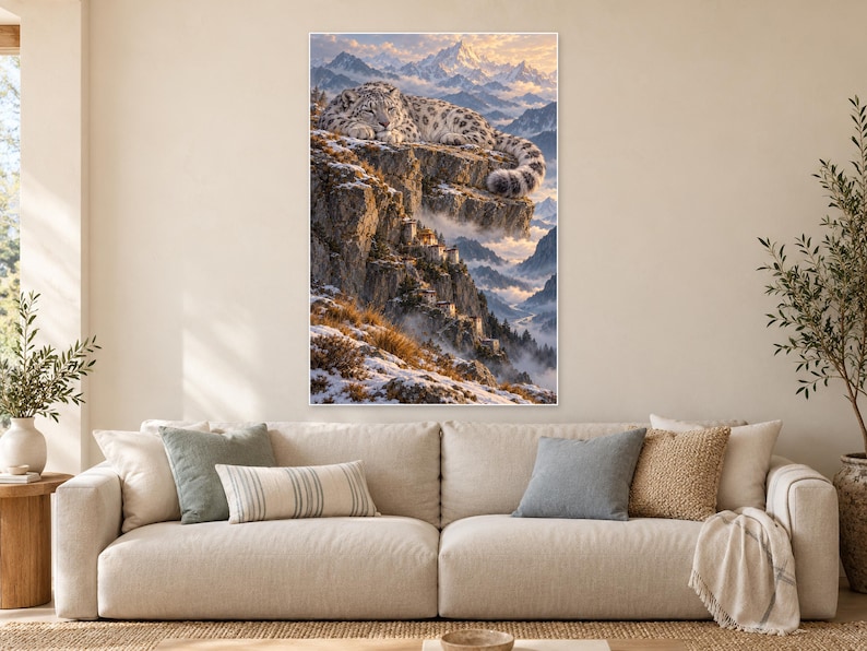 Sleeping Snow Leopard Art Print | Mountain Monastery Fantasy Wall Decor image 1