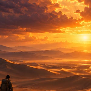 Pode incluir: Uma pessoa com mochila encontra-se numa vasta paisagem des&eacute;rtica com dunas de areia ondulantes sob um c&eacute;u laranja brilhante ao p&ocirc;r do sol, repleto de nuvens. O sol baixo no horizonte projeta um brilho dourado quente sobre as montanhas.