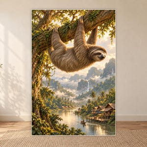 Sloth Art Print | Tropical River Village Fantasy Wall Decor image 18