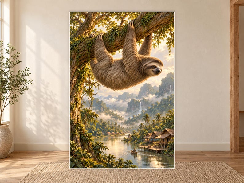 Sloth Art Print | Tropical River Village Fantasy Wall Decor image 18