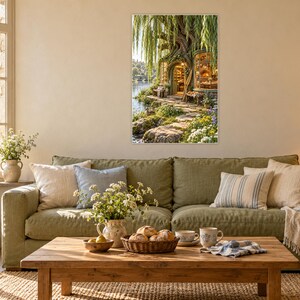 Puede incluir: Una impresi&oacute;n de arte mural enmarcada que representa una acogedora caba&ntilde;a bajo un gran sauce junto a un r&iacute;o, con iluminaci&oacute;n interior c&aacute;lida, caminos de piedra y vegetaci&oacute;n exuberante, sobre un sof&aacute; verde con una mesa de centro.