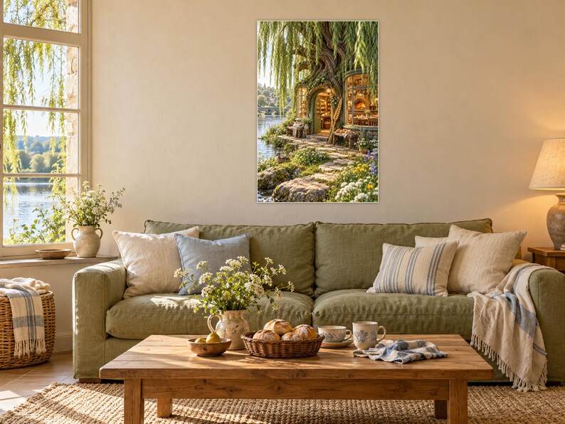 Puede incluir: Una impresi&oacute;n de arte mural enmarcada que representa una acogedora caba&ntilde;a bajo un gran sauce junto a un r&iacute;o, con iluminaci&oacute;n interior c&aacute;lida, caminos de piedra y vegetaci&oacute;n exuberante, sobre un sof&aacute; verde con una mesa de centro.