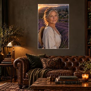 Lavender Farmer Portrait Print | Provence France Wall Art | Cinematic Floral Character Poster afbeelding 1