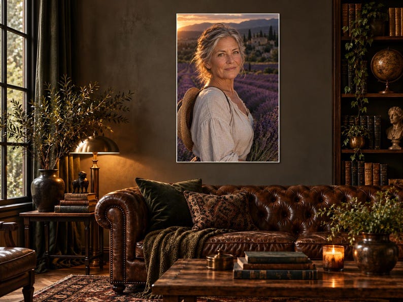 Lavender Farmer Portrait Print | Provence France Wall Art | Cinematic Floral Character Poster afbeelding 1