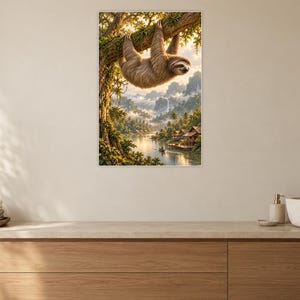 Sloth Art Print | Tropical River Village Fantasy Wall Decor image 10
