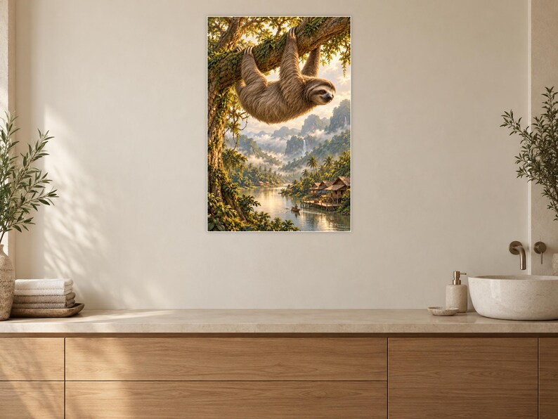 Sloth Art Print | Tropical River Village Fantasy Wall Decor image 10