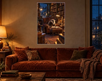 Badger Reading Art Print | Cozy Bookshop Library Wall Decor
