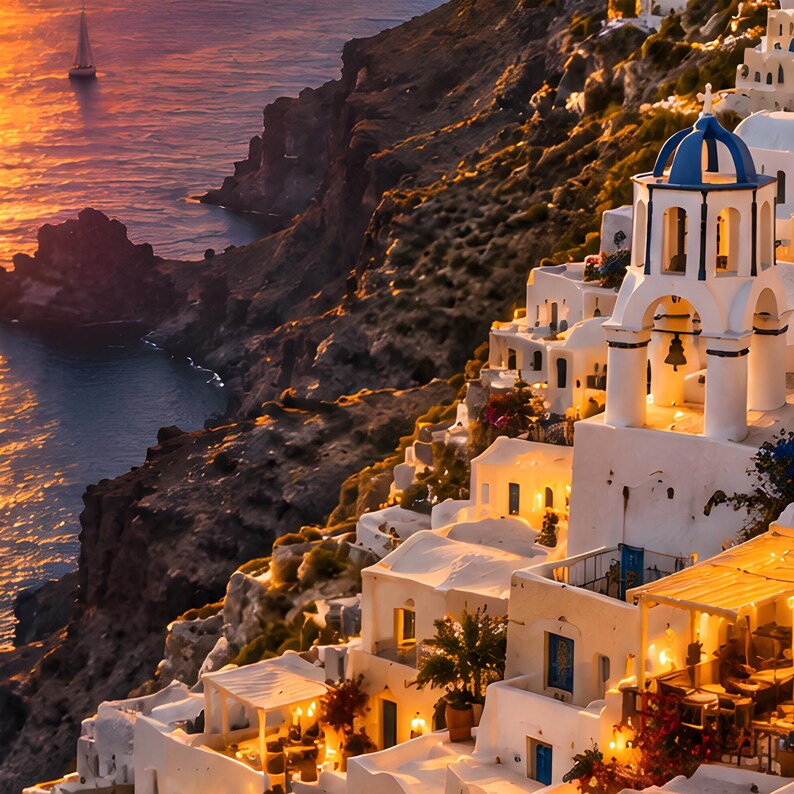 Framed Santorini Cliffs Print | Greek Island Wall Art | Aegean Sea Mediterranean Poster image 2