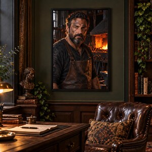 Framed Blacksmith Portrait Print | Moody Artisan Character Wall Art | Rustic Forge Fine Art Poster imagen 1