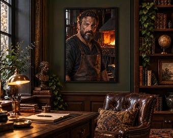 Framed Blacksmith Portrait Print | Moody Artisan Character Wall Art | Rustic Forge Fine Art Poster