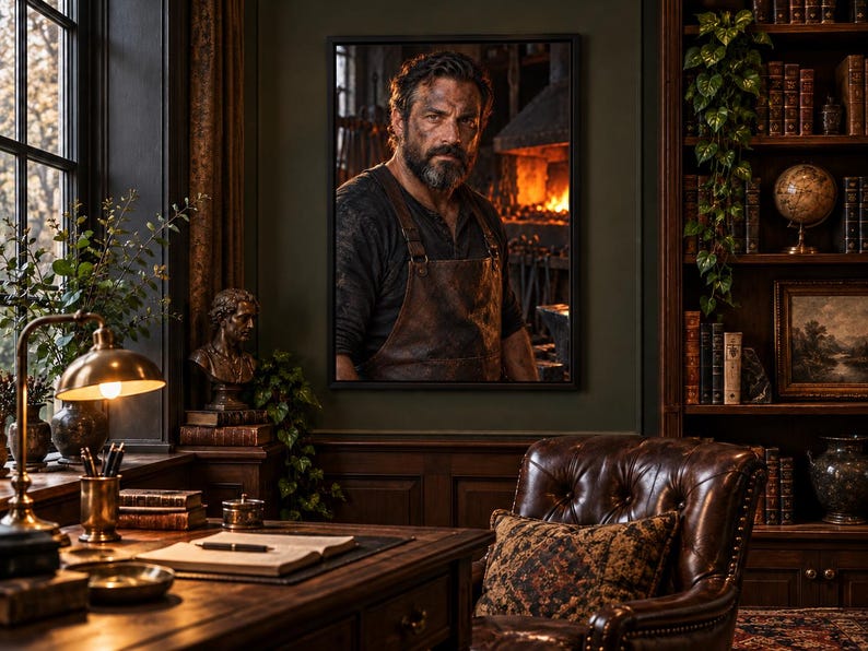 Framed Blacksmith Portrait Print | Moody Artisan Character Wall Art | Rustic Forge Fine Art Poster imagen 1