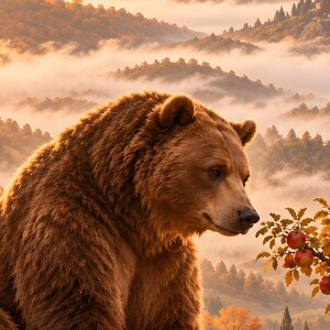 Lámina artística de oso pardo / Decoración de pared de fantasía en un huerto otoñal imagen 3