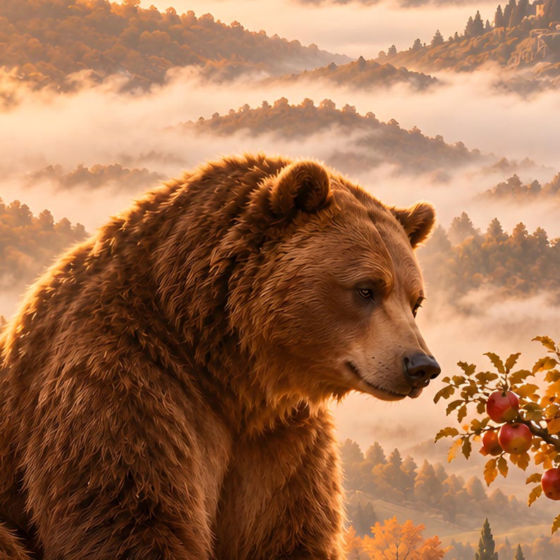 Lámina artística de oso pardo / Decoración de pared de fantasía en un huerto otoñal imagen 3