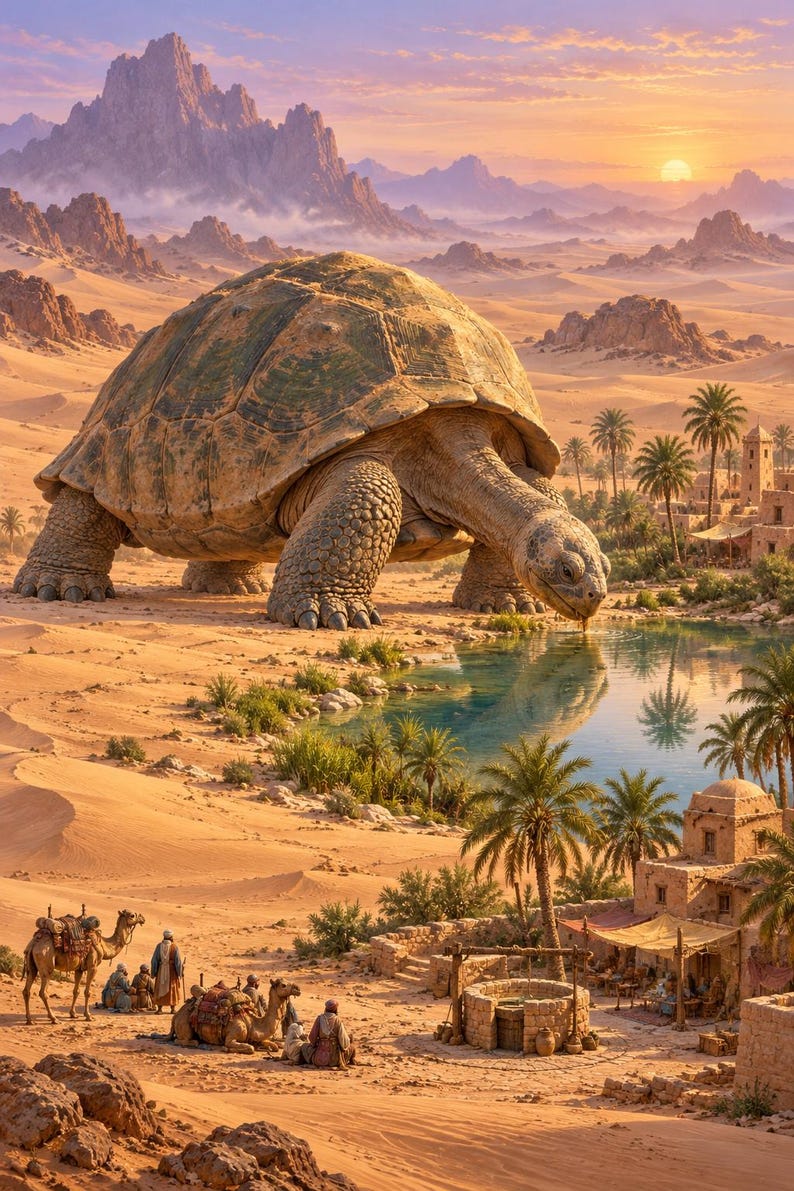 Desert Tortoise Art Print | Oasis Village Fantasy Wall Decor afbeelding 1