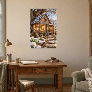 Puede incluir: Una impresi&oacute;n de arte mural enmarcada que representa una peque&ntilde;a caba&ntilde;a iluminada situada entre las ra&iacute;ces de un gran &aacute;rbol. La escena muestra un tejado cubierto de nieve, un camino de piedra y una c&aacute;lida luz interior visible.