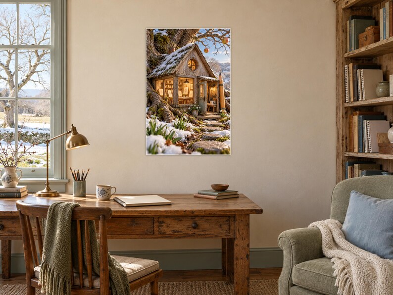 Puede incluir: Una impresi&oacute;n de arte mural enmarcada que representa una peque&ntilde;a caba&ntilde;a iluminada situada entre las ra&iacute;ces de un gran &aacute;rbol. La escena muestra un tejado cubierto de nieve, un camino de piedra y una c&aacute;lida luz interior visible.