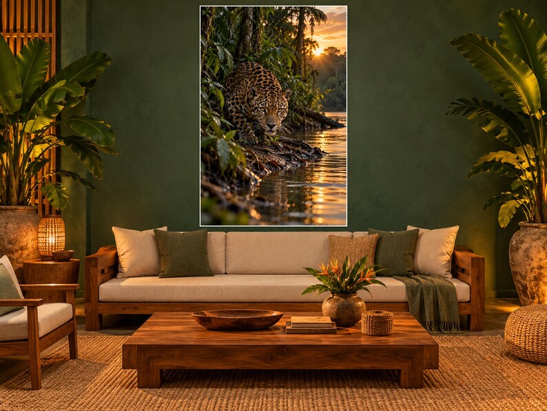 K&ouml;nnte beinhalten: Ein rechteckiger Wandkunstdruck, der einen Jaguar zeigt, der am Ufer eines Flusses in einer dichten Dschungelumgebung kauert. Die Szene wird von einem warmen, goldenen Sonnenuntergang beleuchtet, der sich im Wasser spiegelt und das gefleckte Fell des Jaguars hervorhebt.