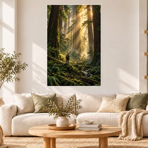 Peut inclure: Une impression murale verticale repr&eacute;sentant une for&ecirc;t dense avec des s&eacute;quoias imposants, des foug&egrave;res vertes luxuriantes et un petit ruisseau. Une silhouette solitaire se tient au centre, &eacute;clair&eacute;e par des rayons dor&eacute;s.