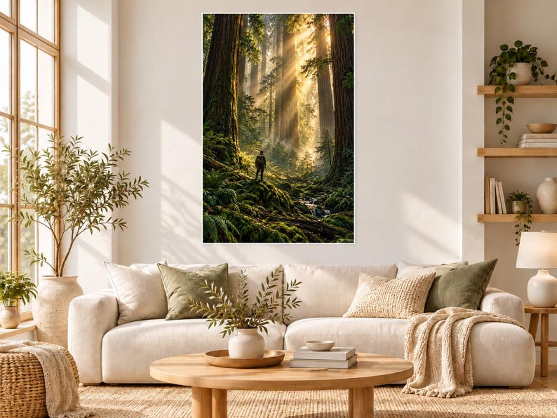 Peut inclure: Une impression murale verticale repr&eacute;sentant une for&ecirc;t dense avec des s&eacute;quoias imposants, des foug&egrave;res vertes luxuriantes et un petit ruisseau. Une silhouette solitaire se tient au centre, &eacute;clair&eacute;e par des rayons dor&eacute;s.