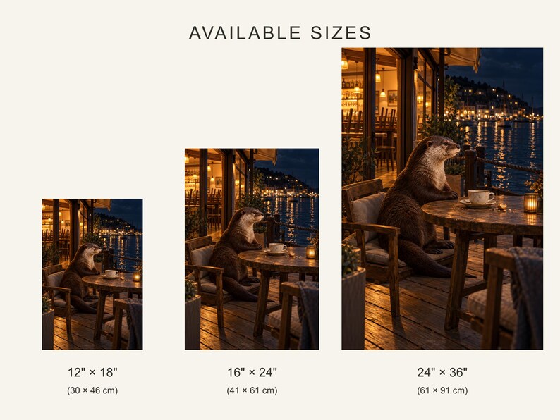 Kunstdruck „Otter Café“ | Wanddekoration für Kaffeeliebhaber bei Nacht am Wasser Bild 4