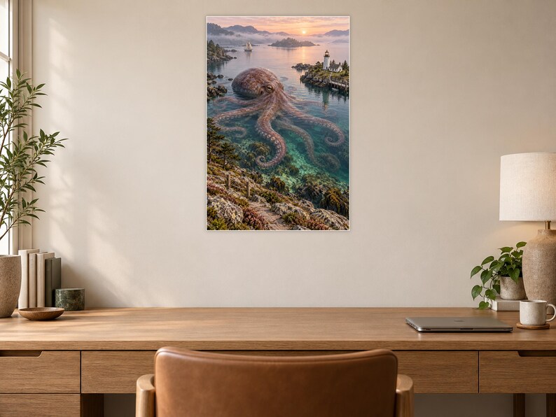 Octopus Art Print | Coastal Lighthouse Fantasy Wall Decor image 6