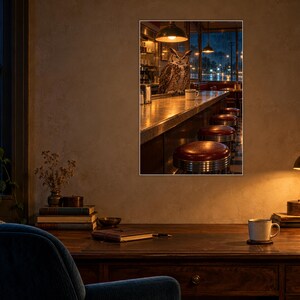 May include: A framed wall art print depicting a Great Horned Owl perched on a diner counter. The scene features a long counter with red stools, warm pendant lighting, and a view of a rainy city street through the window at night.