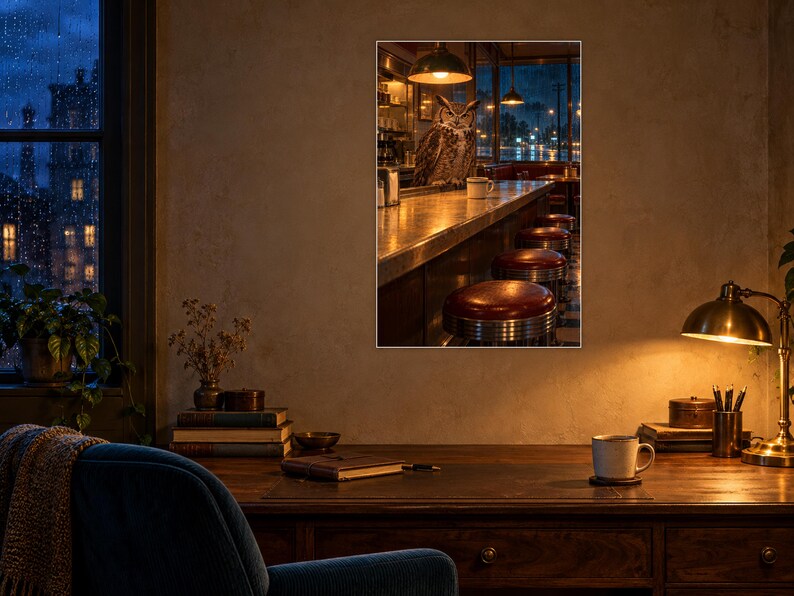 May include: A framed wall art print depicting a Great Horned Owl perched on a diner counter. The scene features a long counter with red stools, warm pendant lighting, and a view of a rainy city street through the window at night.