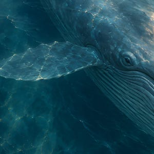 Pode incluir: Uma grande baleia-azul nadando em &aacute;guas oce&acirc;nicas profundas. A baleia apresenta uma pele azul-escura texturizada com sulcos gulares vis&iacute;veis e uma barbatana peitoral proeminente. A luz do sol filtra atrav&eacute;s da &aacute;gua criando padr&otilde;es de luz.