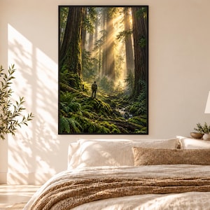 Framed Redwood Forest Print | Giant Trees Landscape Wall Art | Misty California Redwoods Poster image 1