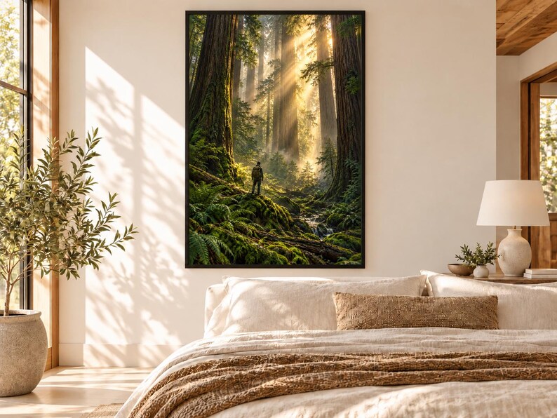 Framed Redwood Forest Print | Giant Trees Landscape Wall Art | Misty California Redwoods Poster image 1