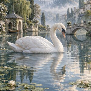 White Swan Art Print | Water Garden Fantasy Wall Decor bild 1