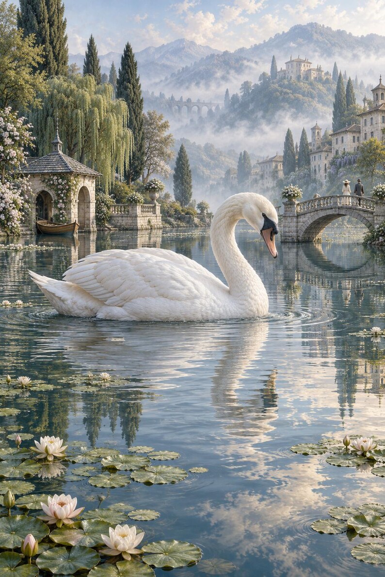 White Swan Art Print | Water Garden Fantasy Wall Decor bild 1