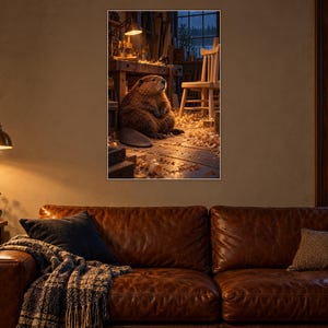May include: A rectangular wall art print featuring a brown beaver sitting on a wooden floor in a workshop. The scene includes a workbench, a wooden chair, and wood shavings scattered across the floor, all illuminated by a warm desk lamp.